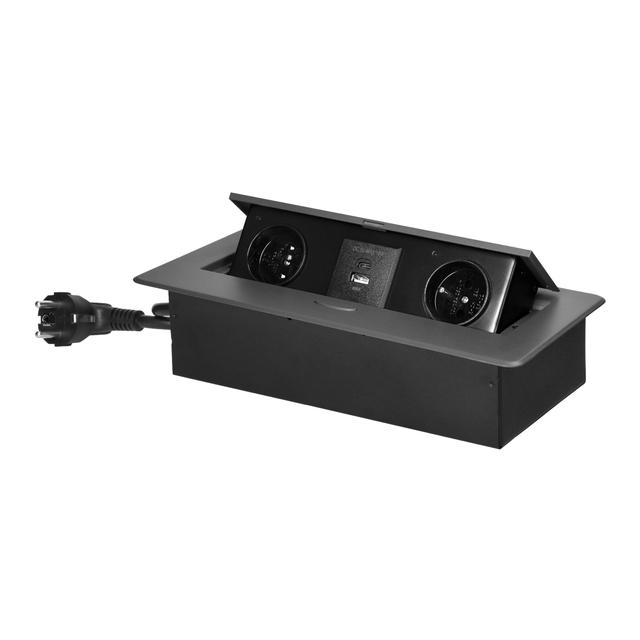 Gniazda meblowe wpuszczane w blat z płaskim frezowanym rantem, ładowarką USB i przewodem 1,5m, 2x2P+ OR-GM-9035/GR ORNO