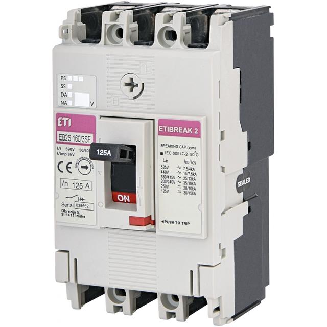 Wyłącznik mocy 3P 25kA wyzw. TM (bez regulacji) EB2S 160/3SF 125A 3P 004671836 ETI