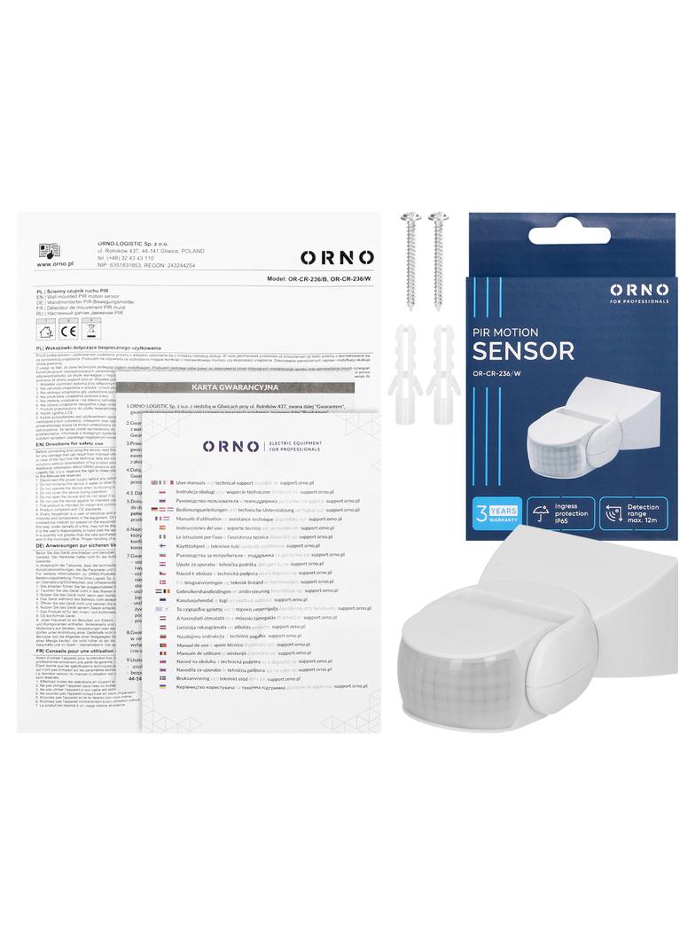 Czujnik ruchu 180st., regulacja pionowa i pozioma, IP65, 1200W, biały OR-CR-236/W ORNO
