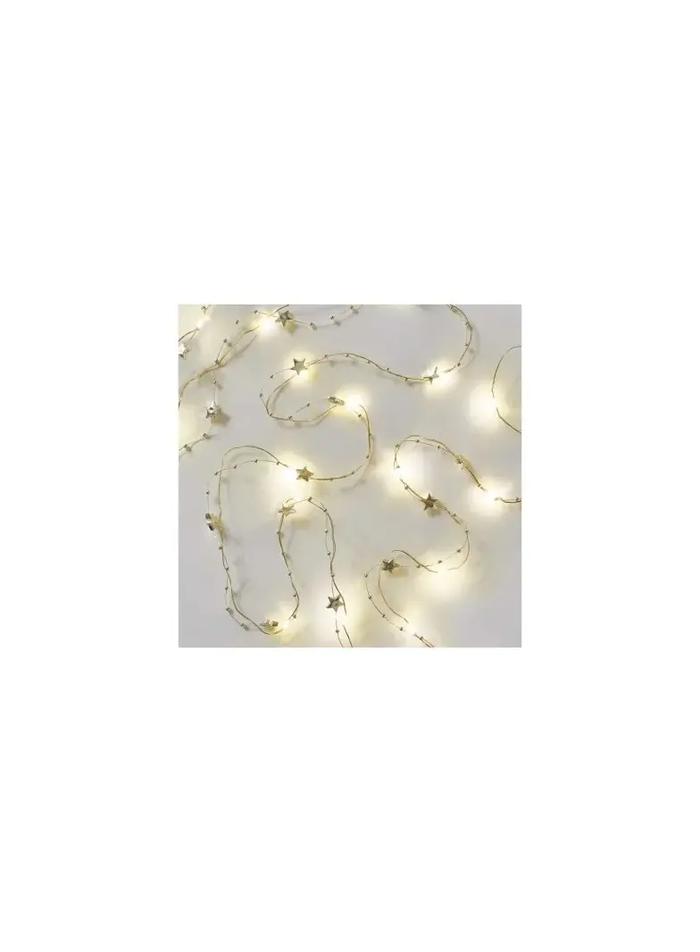 Lampki choinkowe gwiazdki 20 LED  2x AA, ciepła biel, złoty przewód, IP20, timer