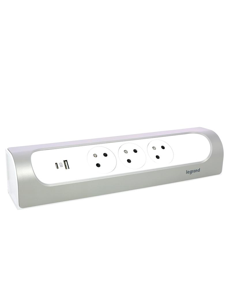 PRZEDŁUŻACZ NAROŻNY 3X2P+Z, USB A+C, BEZ PRZEWODU (WIELOGNIAZDOWY BLOK PRZENOŚNY) - BIAŁY/ALUMINIUM,