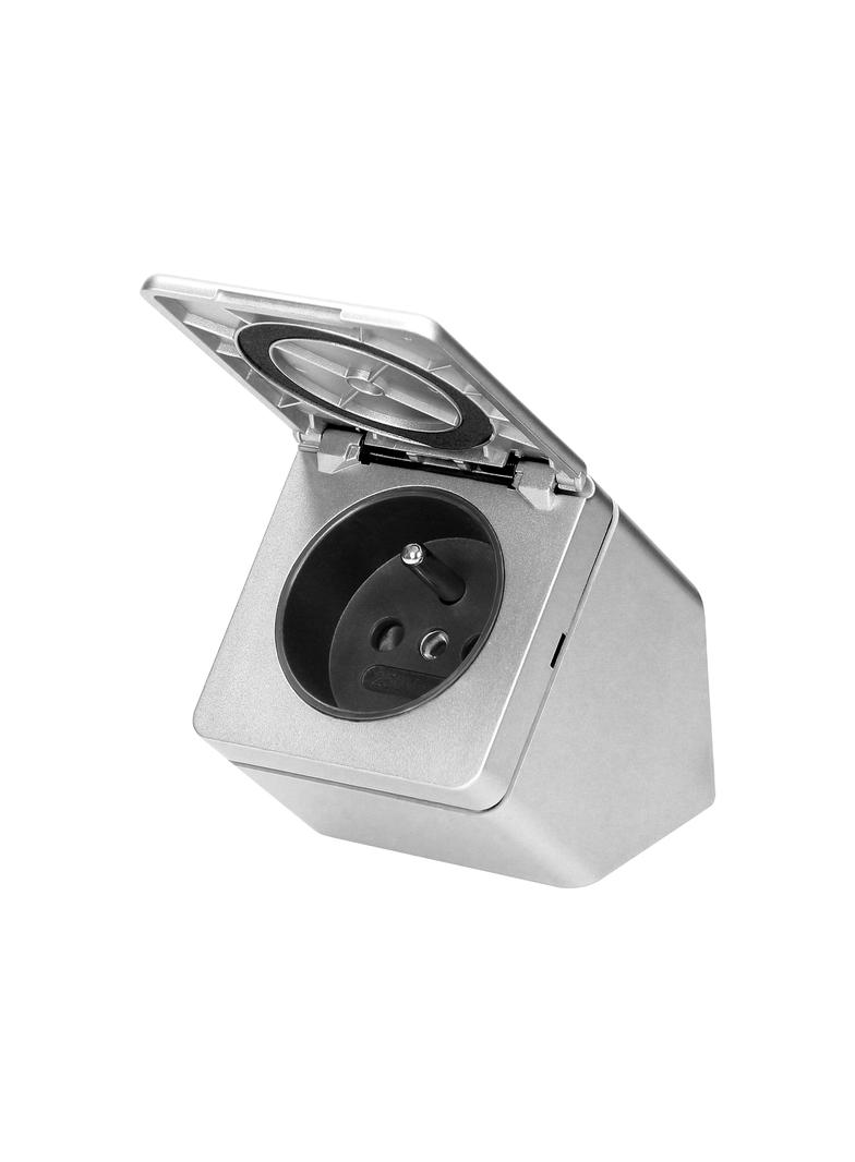 Gniazdo meblowe podszafkowe z klapką, IP44, 1x2P+Z, srebrne