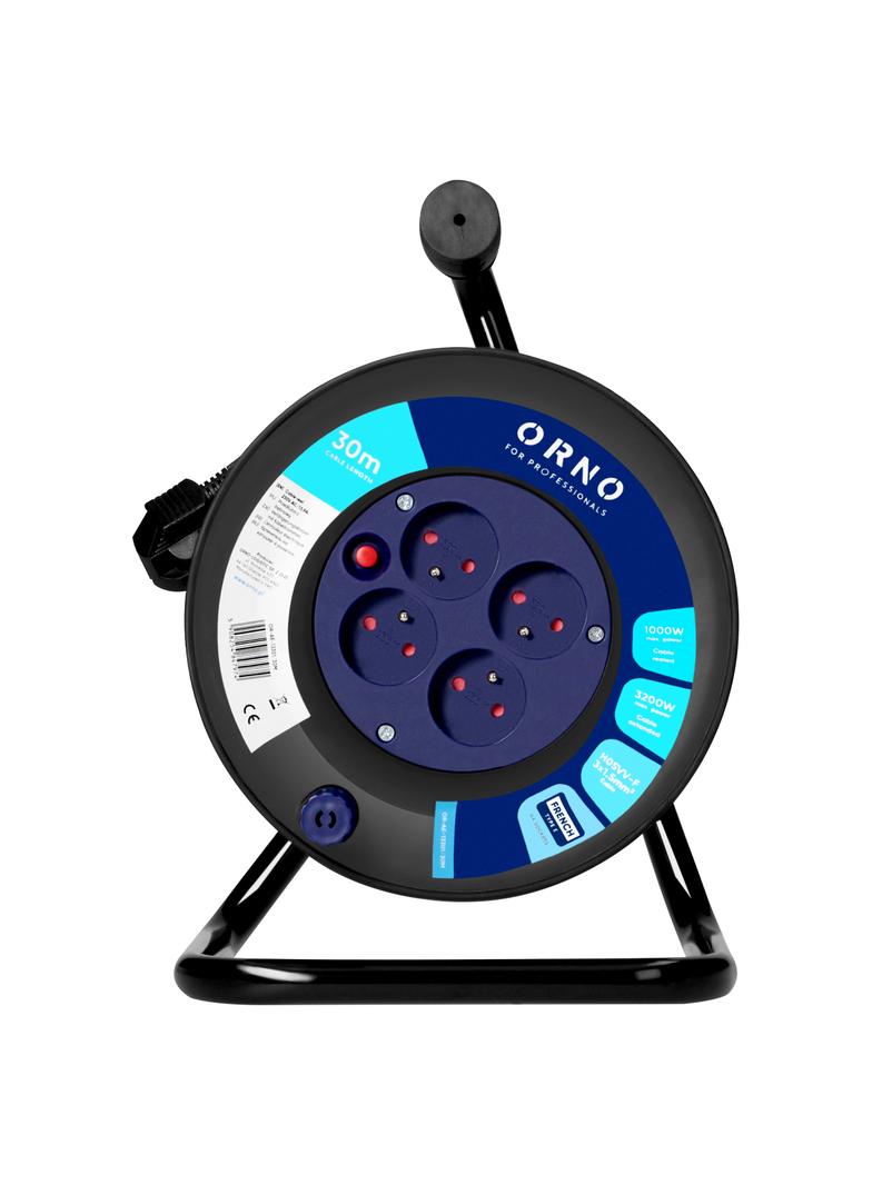 Przedłużacz bębnowy, 4 gniazda 2P+Z, kabel PVC H05VV-F 3x1.5mm2, 30m, termik, przesłony torów prądow