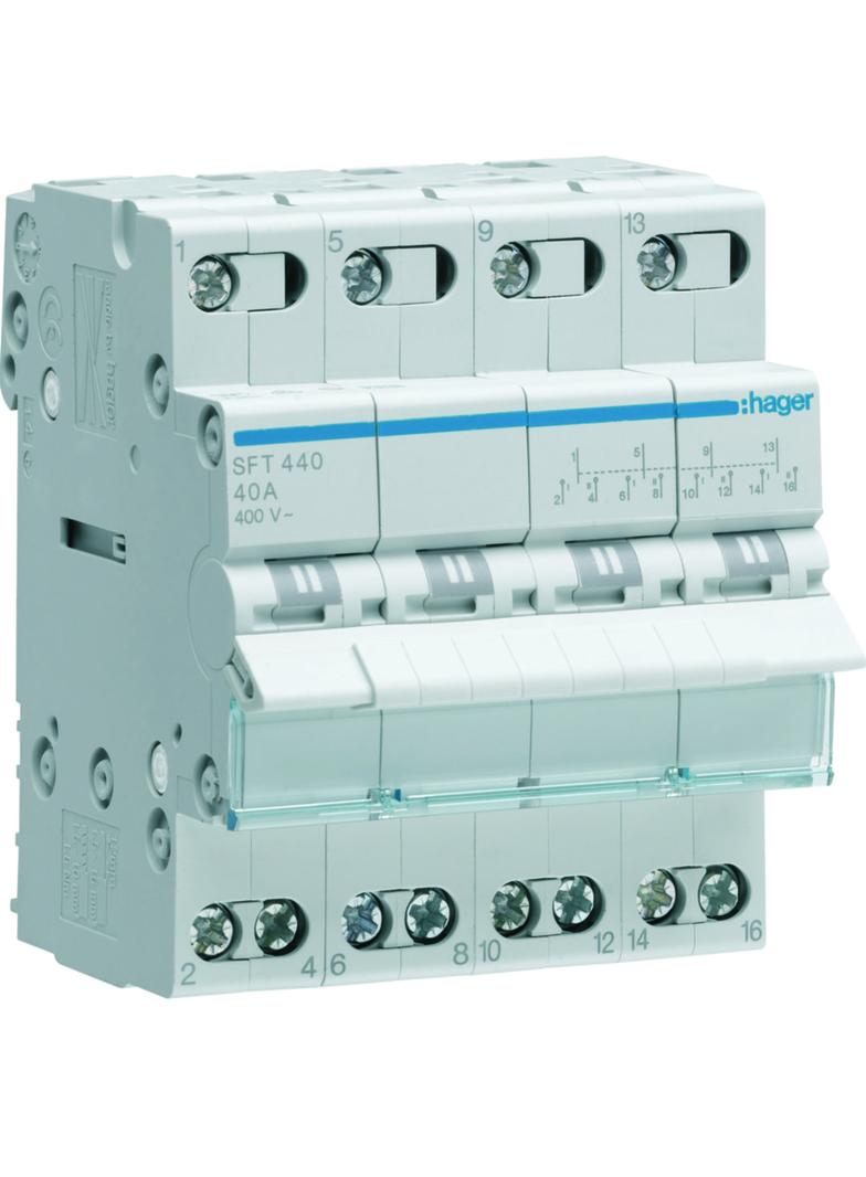 Modułowy przełącznik instalacyjny I-0-II punkt wspólny od góry 4P 40A 400VAC SFT440 HAGER