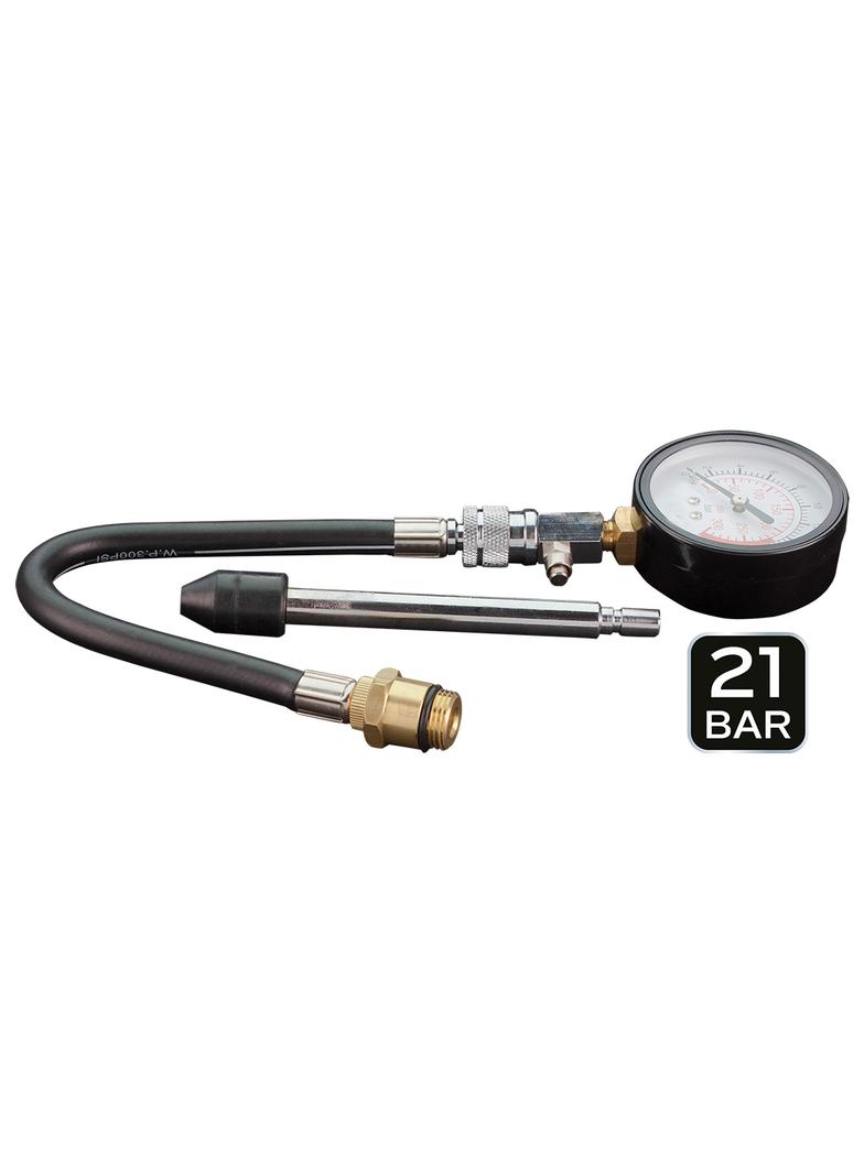 Miernik ciśnienia sprężania z zestawem adapterów.