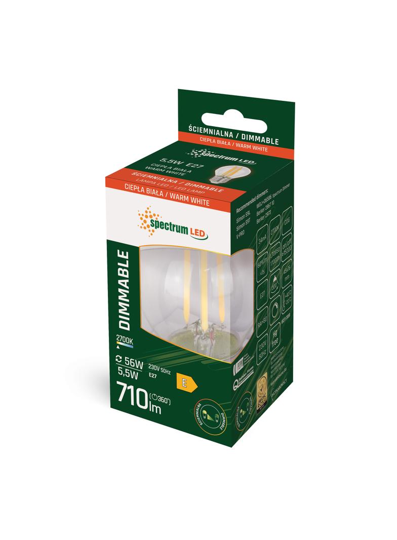 LED KULKA E-27 230V 5.5W COG WW CLEAR DIMMABLE SPECTRUM