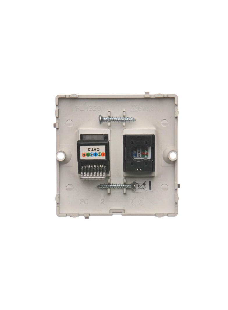 Simon Basic Gniazdo komputerowe RJ45 kat.5e + telefoniczne RJ11 . Montaż gniazda na wkręty do puszki stal inox BMF5T.02/21 KONTAKT