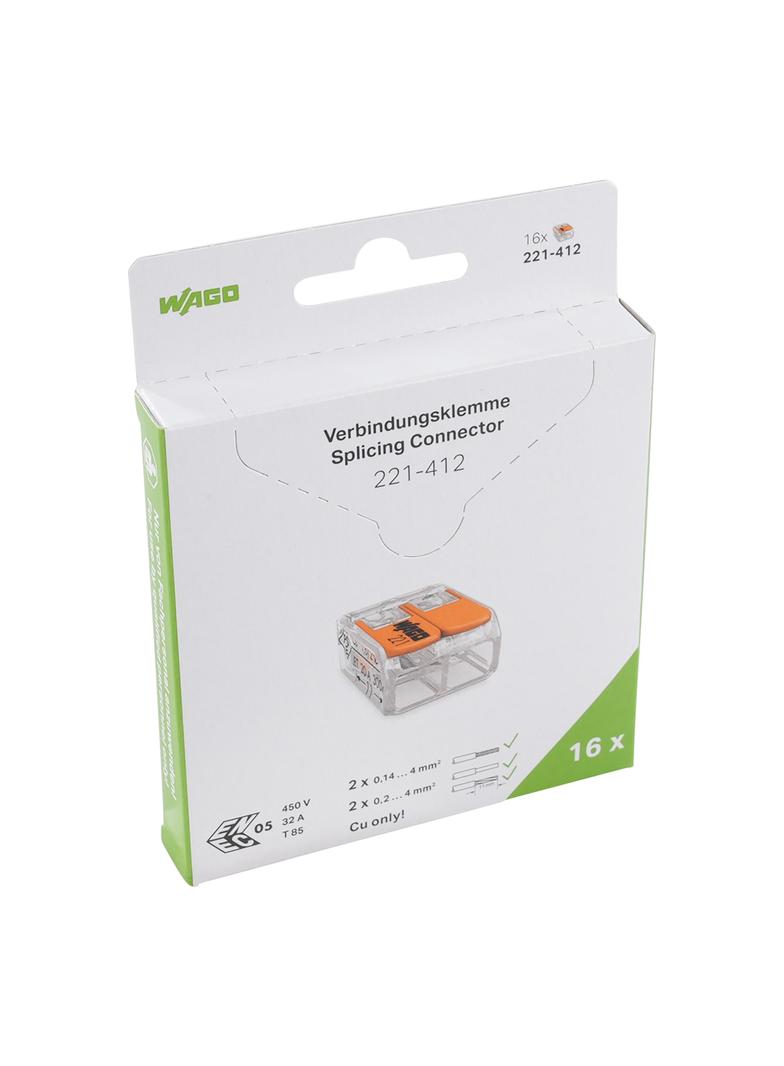 Szybkozłączka z dźwignią 2x 0,2‑4mm2 transparentna / pomarańczowa 221‑412, 221‑412/995‑016 /16szt./ WAGO