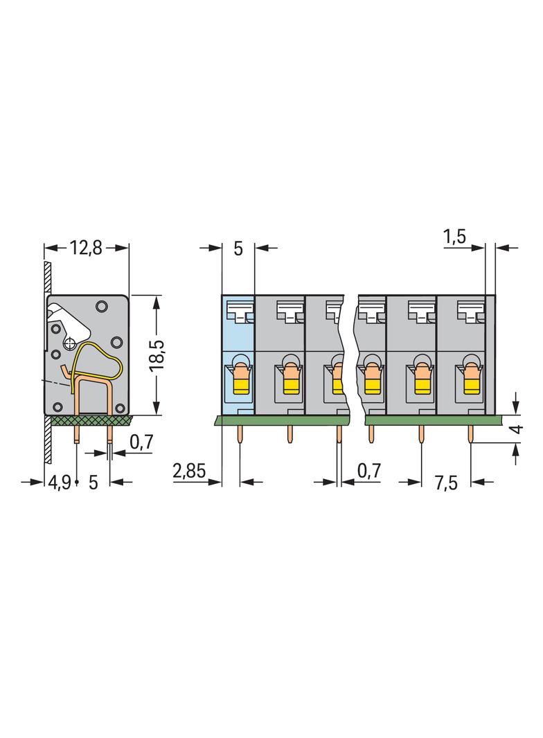 listwa przepustowa do p. drukowanych 6-bieg. szara raster 7,5 mm