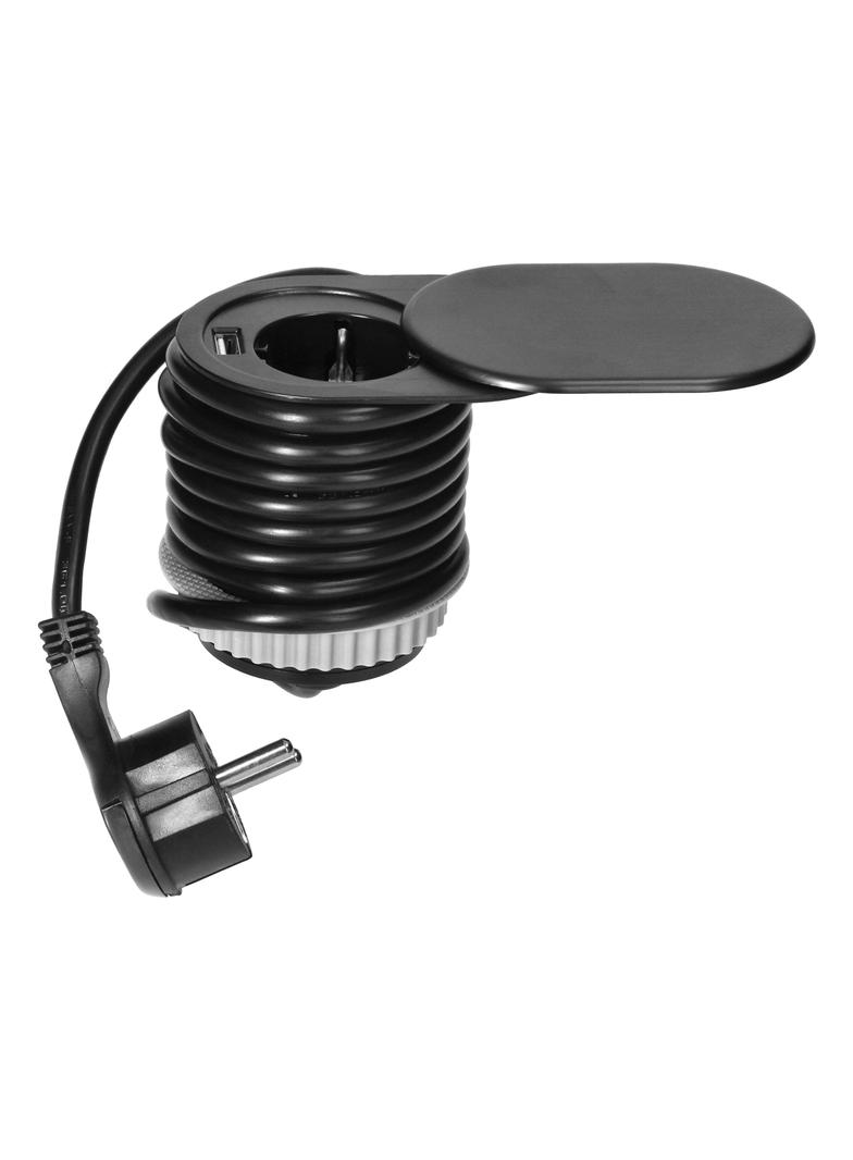 Gniazdo meblowe O6cm, wpuszczane w blat z przesuwną pokrywką, ładowarką USB i przewodem 1,9m, 1x2P+Z