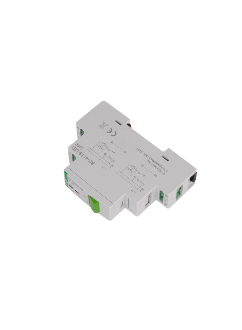 Przekaźnik bistabilny BIS-411B-LED z przyciskiem do sterowania ręcznego, na szynę DIN, z przekaźniki