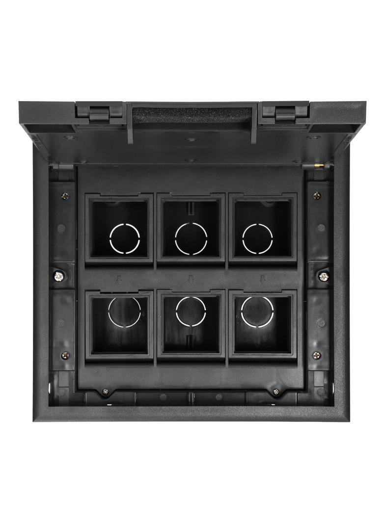 Puszka podłogowa na gniazda modułowe 6 x 45x45mm lub 12 x 22,5x45mm, pokrywa: stal nierdzewna, czarn