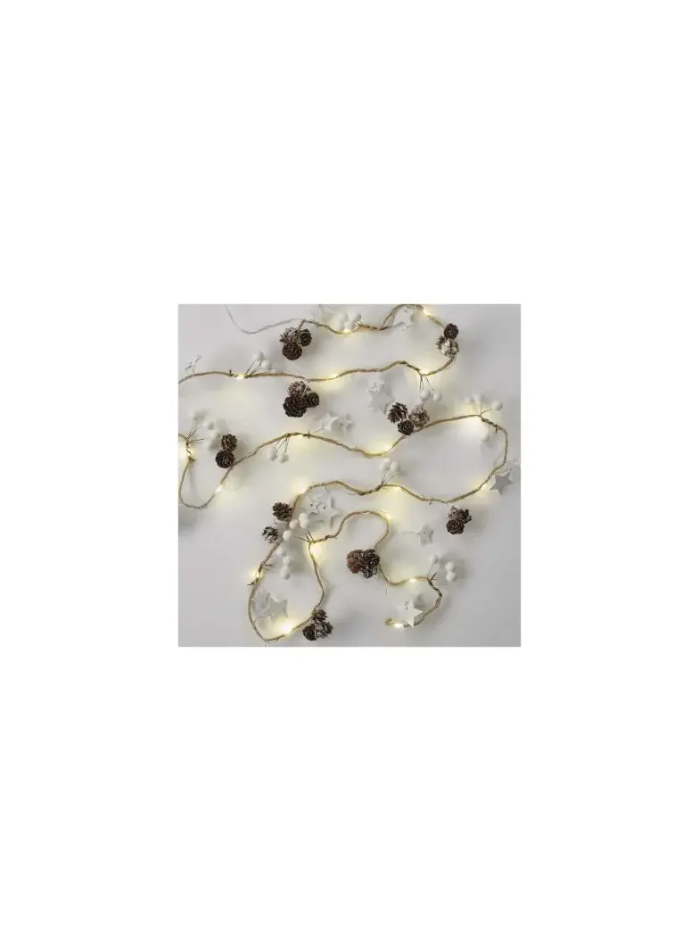 Dekoracje - 20 LED szyszki, gwiazdki, 1,7m, 2x AA, ciepła biel, IP20