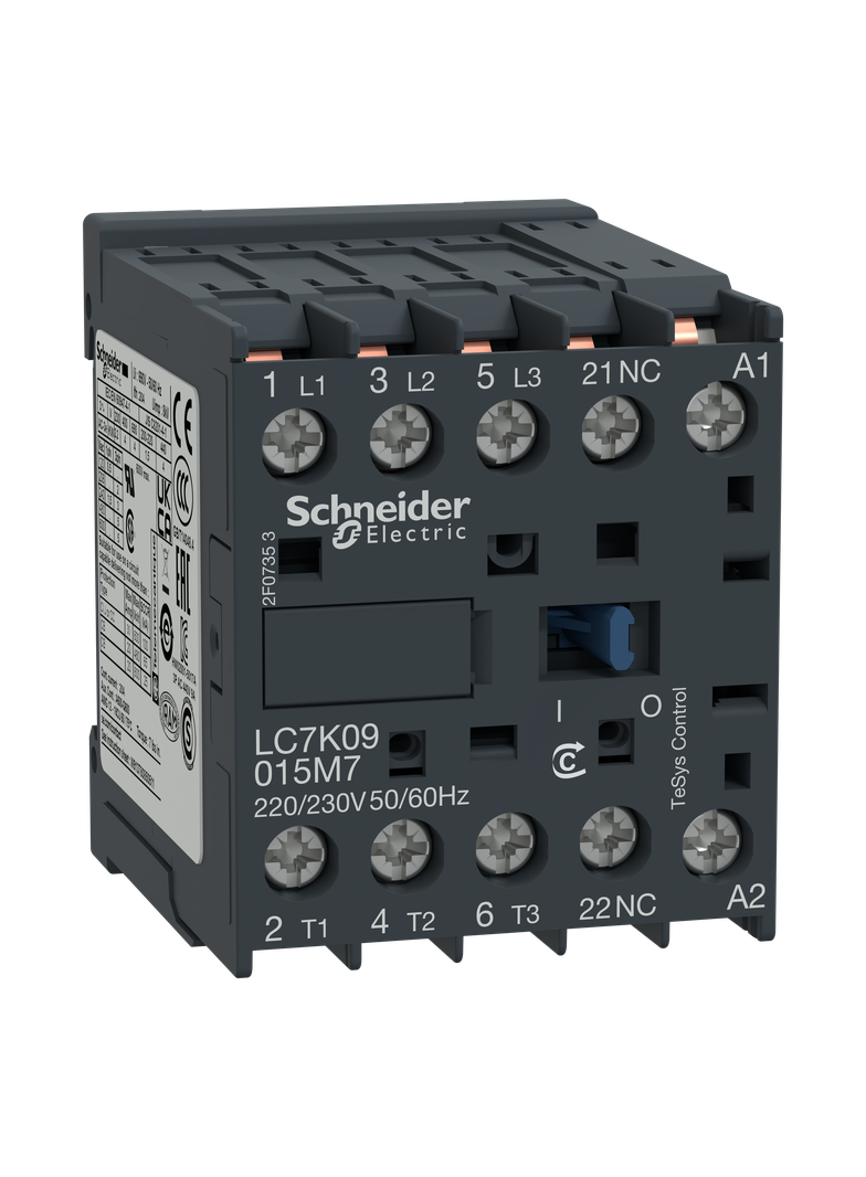 Stycznik mocy, TeSys K, AC3, 9A, 3P, 1NC, cewka 220/230VAC, nóżki lutownicze LC7K09015M7