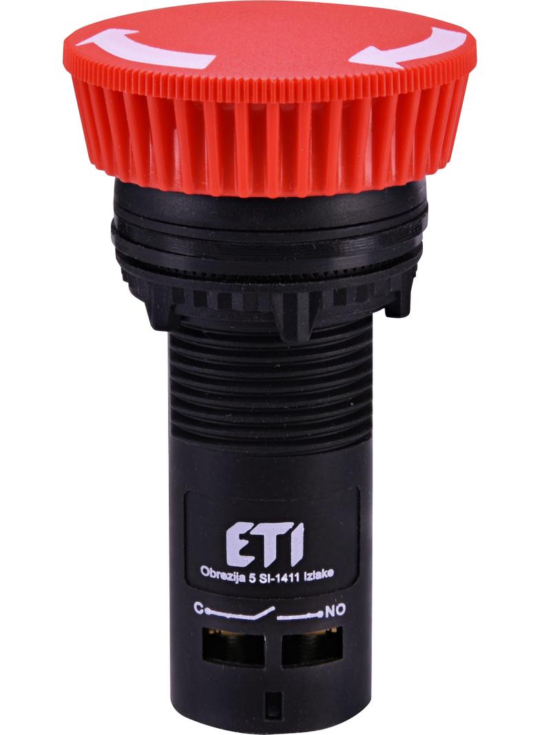 ECM-T10-R - Przycisk kompaktowy z guzikiem-grzybek, odryglowywany przez obrót, 1NO, Czerwony