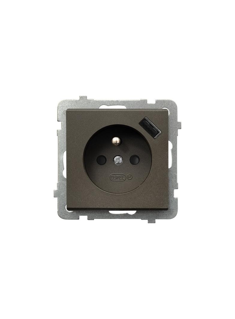 SONATA Gniazdo pojedyncze z uziemieniem z przesłonami torów prądowych, z ładowarką USB - kolor czeko