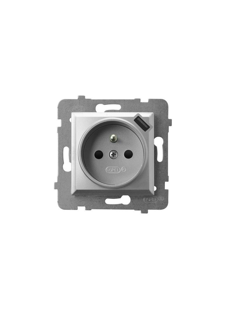 ARIA Gniazdo pojedyncze z uziemieniem z przesłonami torów prądowych, z ładowarką USB - kolor srebro