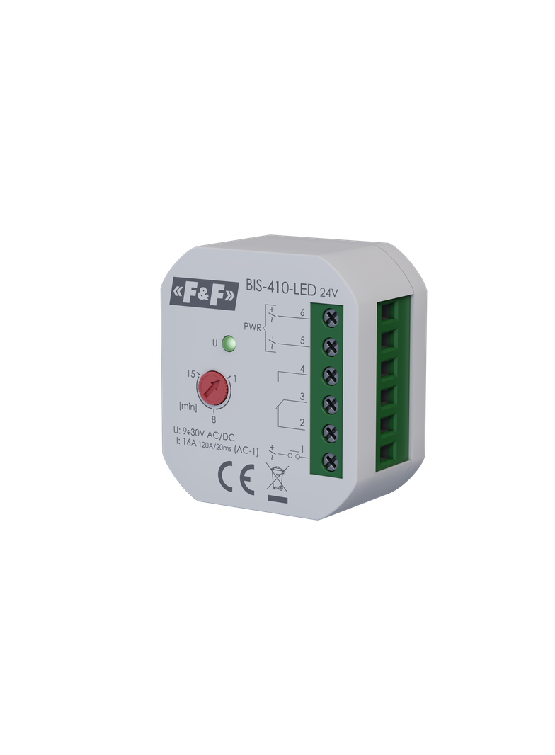 Przekaźnik bistabilny podtynkowy z wyłącznikiem czasowym 9-30 V AC/DC do podświetlanych przycisków z przekaźnikiem inrush BIS-410-LED-24V F&F