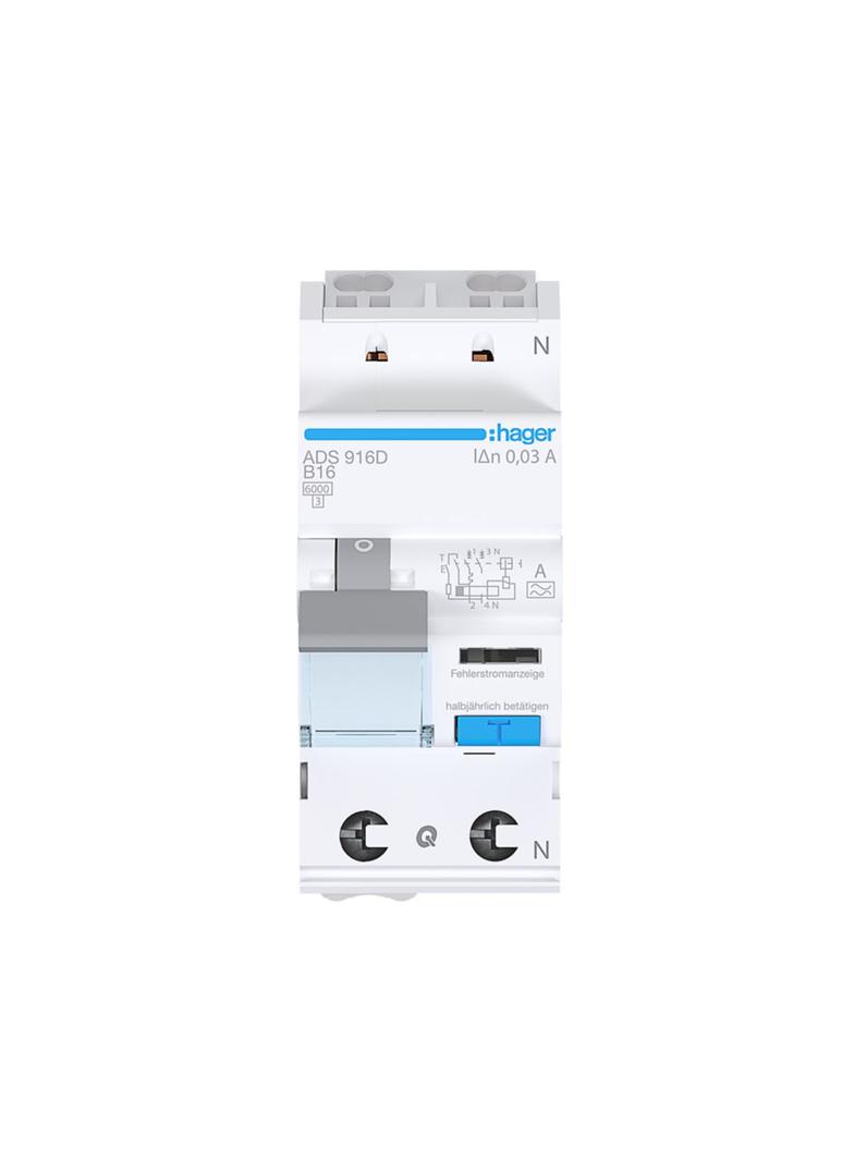 RCBO Wyłącznik różnicowonadprądowy 1P+N 6kA B16A 30mA Typ A QC ADS916D HAGER