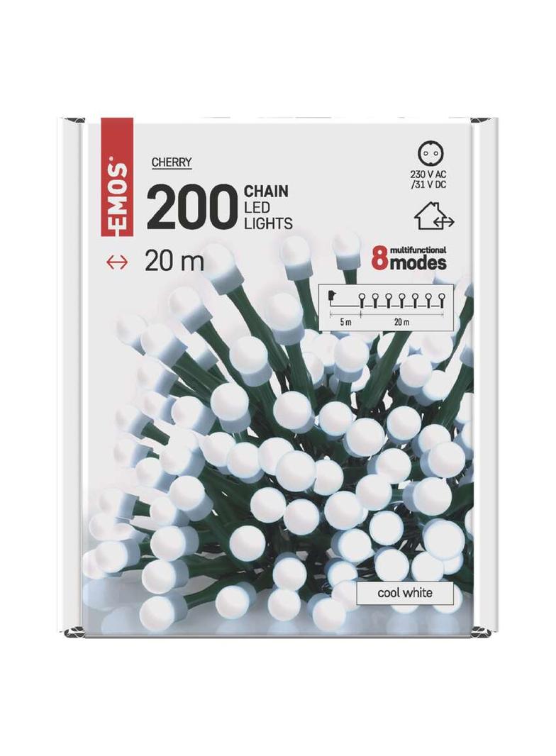Lampki choinkowe 200 LED cherry 20m zimna biel zielony przewód 8 programów IP44 D5AC07 EMOS