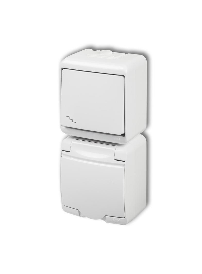 JUNIOR Łącznik schodowy z gniazdem pojedynczym z uziemieniem 2P+Z (klapka biała; przesłony torów prą