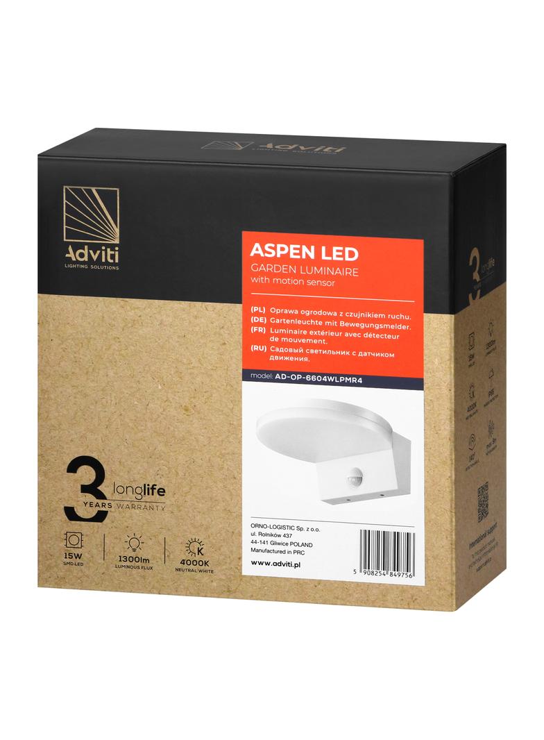 ASPEN LED 15W, oprawa ogrodowa z czujnikiem ruchu PIR, 1300lm, IP65, 4000K, biała