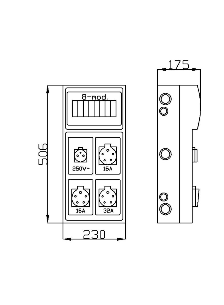 RS 8-mod 2P+Z, 2x3P+N+Z 16A, 3P+N+Z 32A   IP 44 szara
