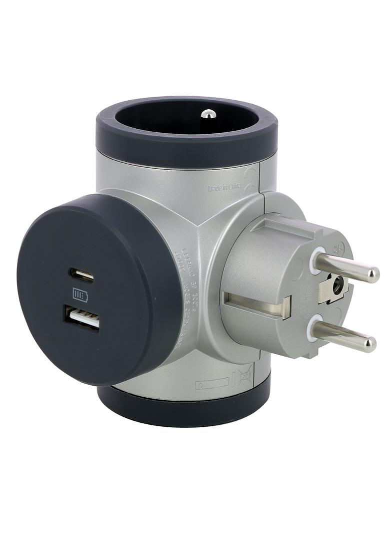 ROZGAŁĘŹNIK OBROTOWY 2X2P+Z, USB A+C - ALUMINIUM/GRAFITOWY, Legrand