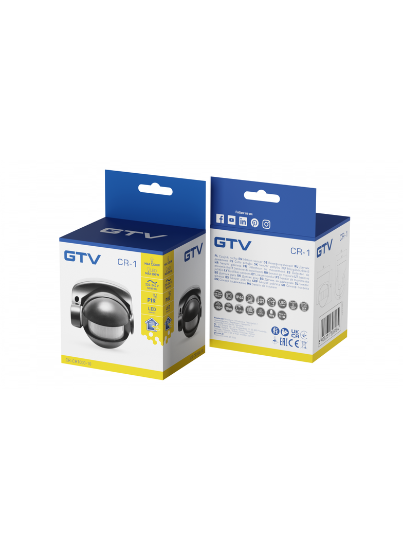 CZUJNIK RUCHU CR-1, MAX 1200W, AC220-240V, 50/60HZ, KĄT DZIAŁANIA 180*, ZASIĘG 10M ± 1,8- 2,5M, IP44