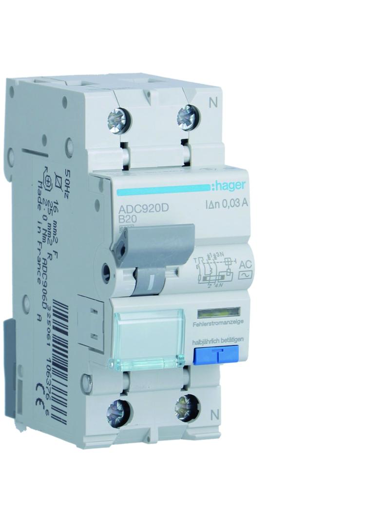 RCBO Wyłącznik różnicowonadprądowy 1P+N 6kA B20A 30mA Typ AC ADC920D HAGER