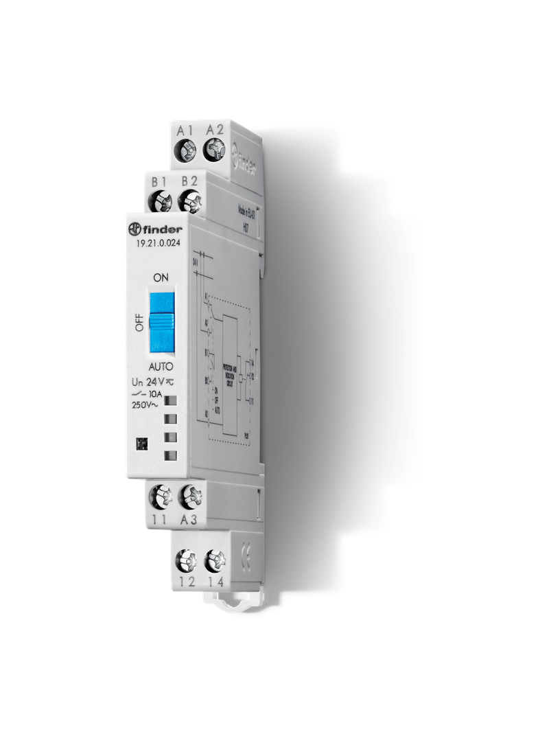 Przekaźnik modułowyZ funkcją AUTO-ON-OFF 1P 10A 24V AC/DC 19.21.0.024.0000 /5szt./ FINDER