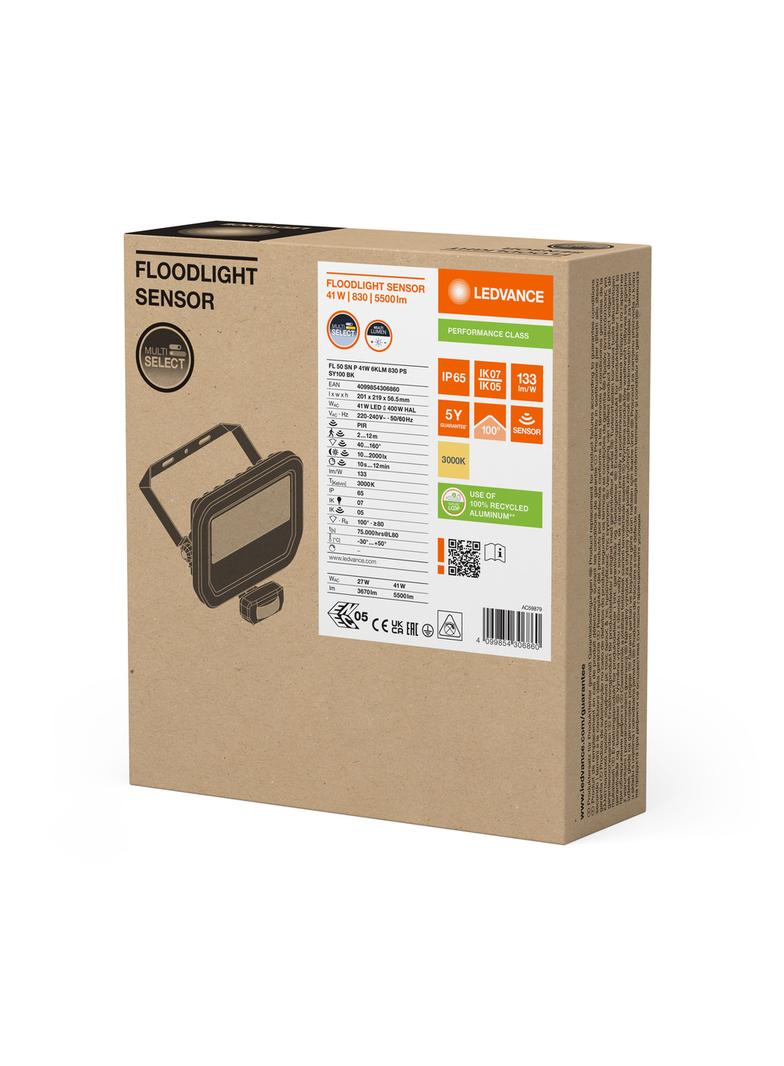 Naświetlacz LED z czujnikiem ruchu FLOODLIGHT sensor PFM G4 27W41W IP65 3000K 133lm/W czarny LEDVANC