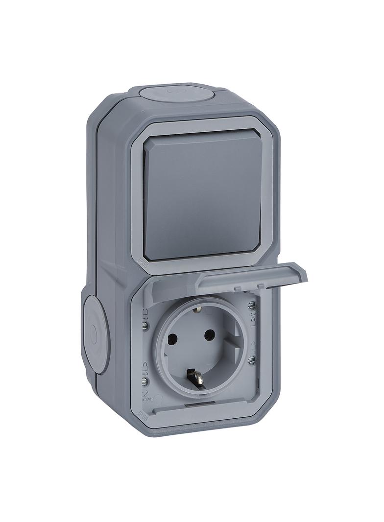 NOWE PLEXO - GN. SCHUKO 2P+Z + ŁĄCZ. SCHODOWY KOMPLET NATYNKOWY 16A- 250V~ SZARE