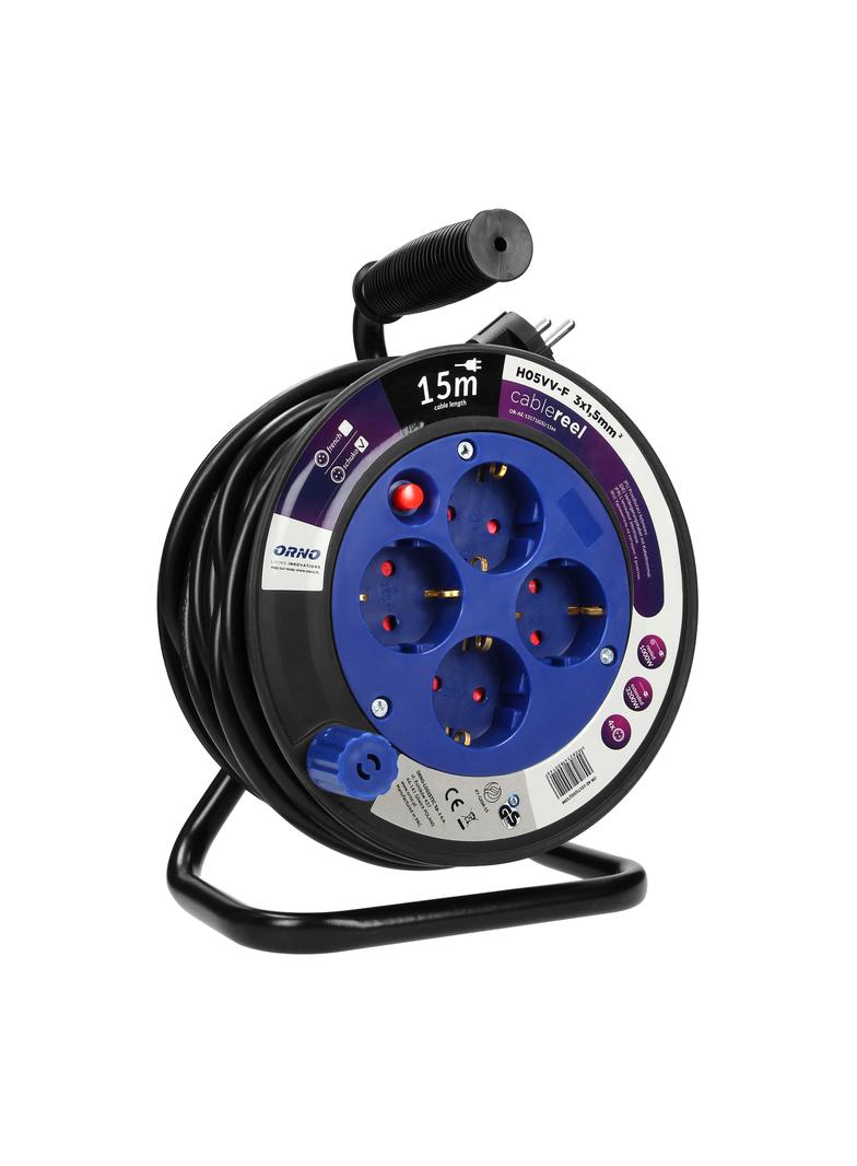 Przedłużacz bębnowy MINI 4 gniazda (Schuko) metalowy stojak polwinit H05VV-F 3x1.5mm2 - 15m OR-AE-13