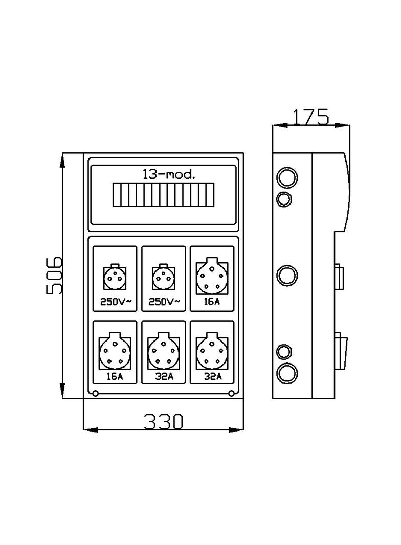RS 13-mod. 2x2P+Z, 2x3P+N+Z 16A, 2x3P+N+Z 32A  IP 44 szara