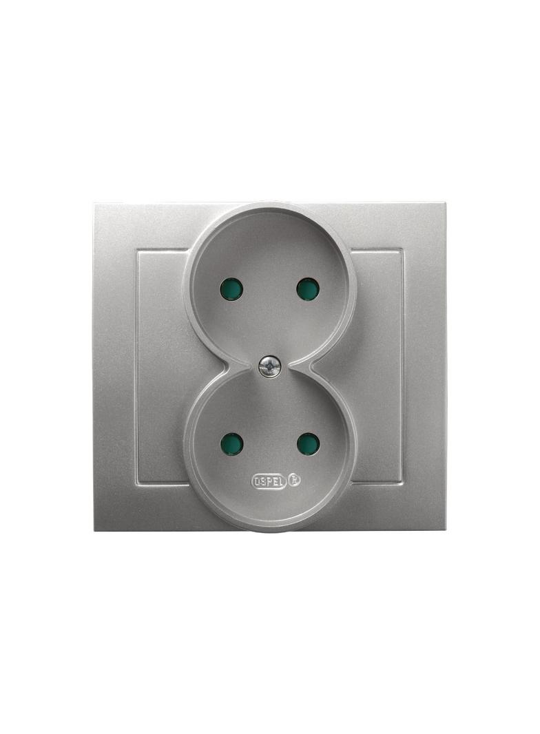 AS Gniazdo podwójne z przesłonami torów prądowych, kompletne z ramką - kolor srebro