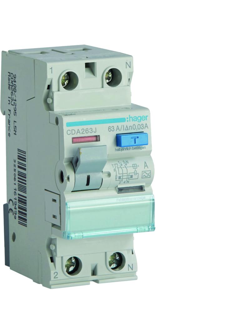RCCB Wyłącznik różnicowoprądowy 1P+N 63A 30mA 6kA CDA263J HAGER