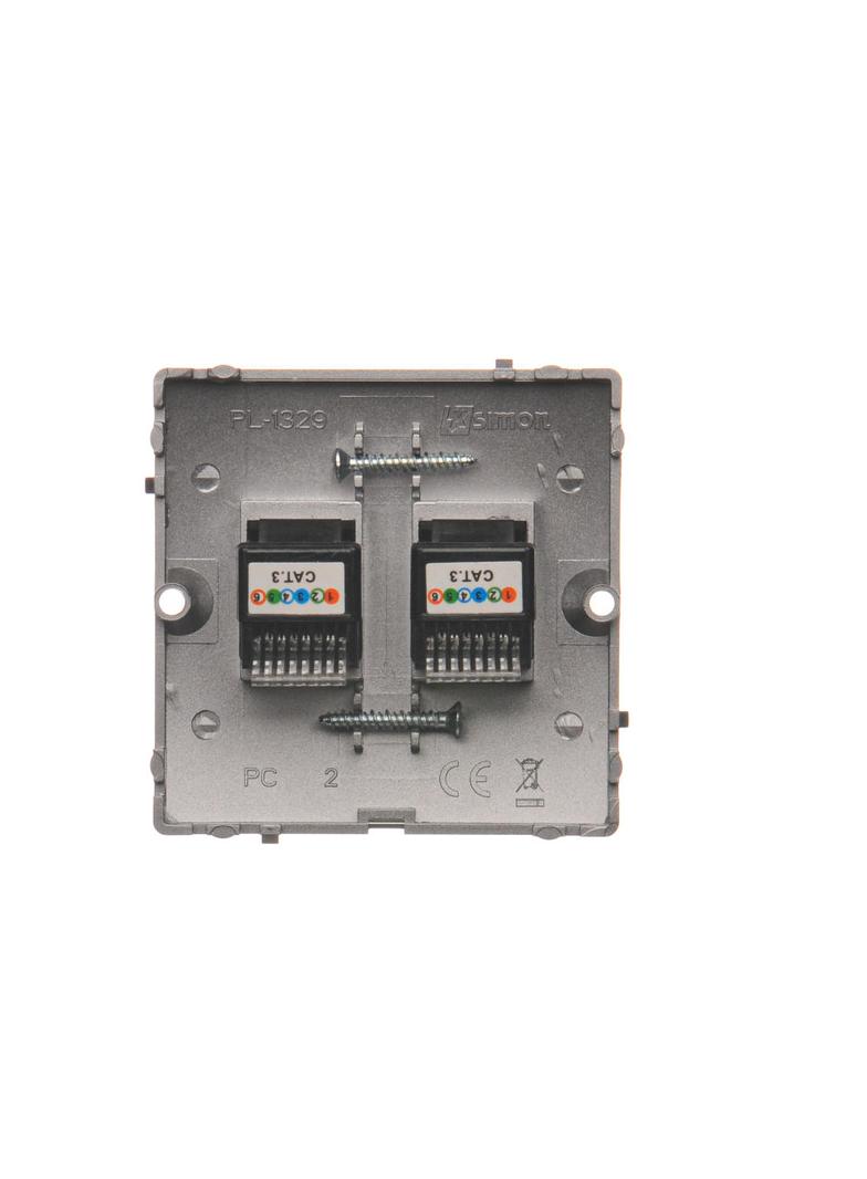Simon Basic Gniazdo telefoniczne RJ12 podwójne . Montaż gniazda na wkręty do puszki stal inox BMT2.02/21 KONTAKT
