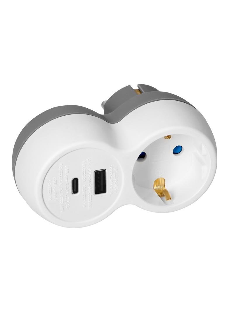 Rozgałęźnik 2P+Z, USB-A+C, schuko, biało-szary