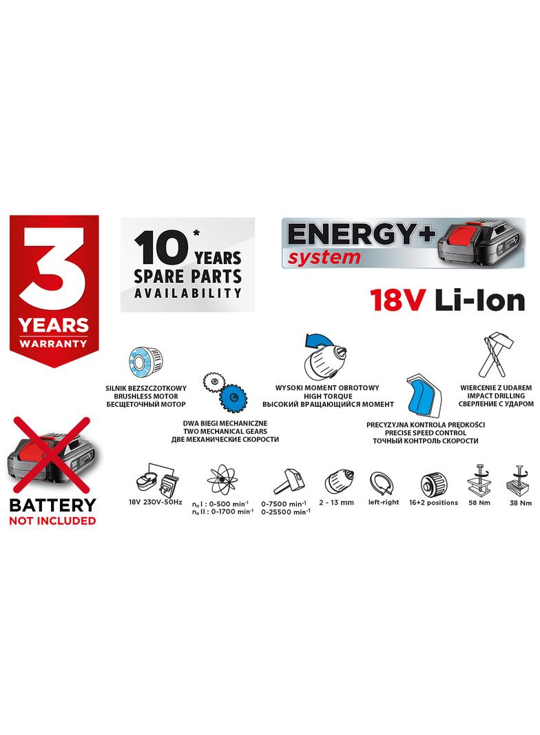 WIERTARKO-WKRĘTARKA AKUMULATOROWA BEZSZCZOTKOWA Z UDAREM ENERGY+ 18V, LI-ION, 13 MM, BEZ AKUMULATORA
