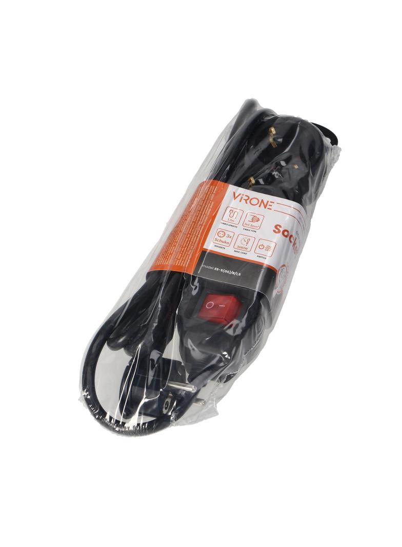 Przedłużacz 3-krotny 2P+Z (Schuko), z wyłącznikiem, 1,5m H05VV-F 3x1,5mm2, Imax=16A, płaska wtyczka,