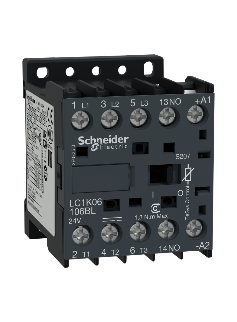 Stycznik mocy, TeSys K, AC3, 6A, 3P, 1NO, cewka 24VDC, niski pobór mocy, wykonanie kolejowe