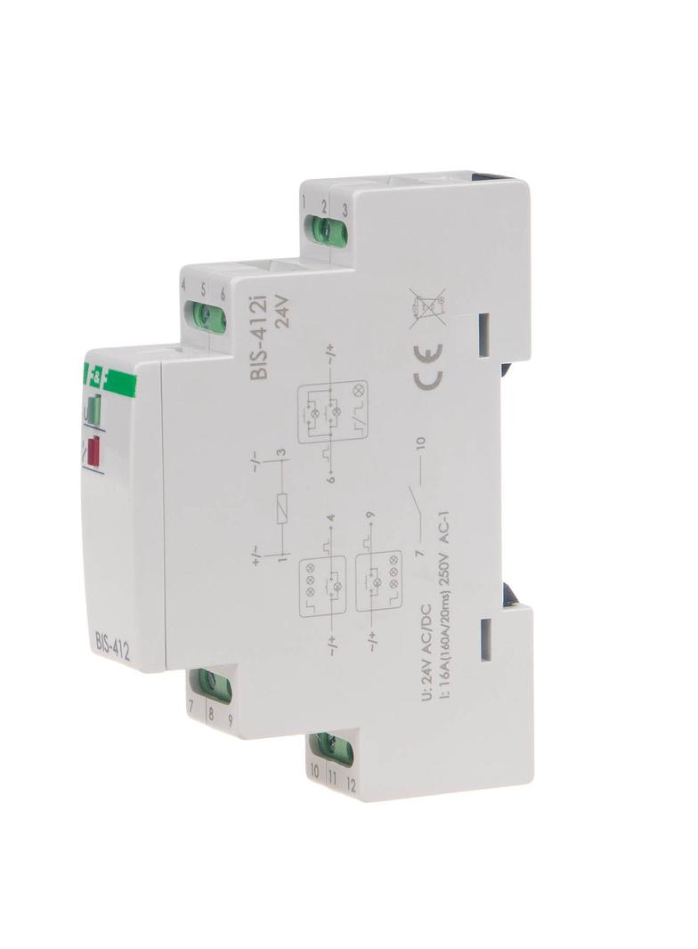 Przekaźnik bistabilny grupowy 9-30 V AC/DC na szynę DIN z przekaźnikiem inrush 160A/20ms BIS-412-LED-24V F&F