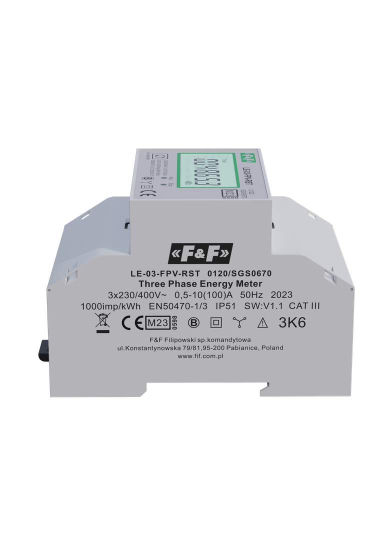 Trójfazowy licznik zużycia energii 100A MID dwukierunkowy z funkcją RESET LE-03-FPV-RST F&F