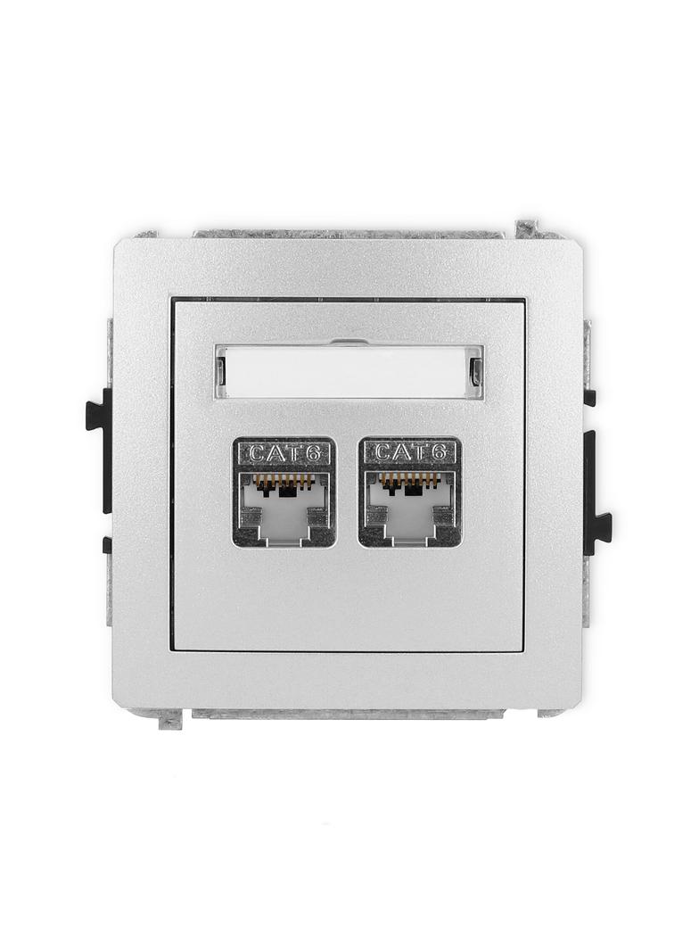 DECO Mechanizm gniazda komputerowego podwójnego 2xRJ45, kat. 6, ekranowany, 8-stykowy srebrny metali