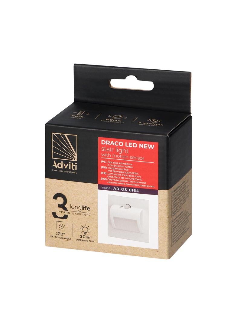 DRACO LED NEW 1,5W, oprawa schodowa podtynkowa, 12VDC, 30lm, 3000K, biała, czujnik ruchu i zmierzchu