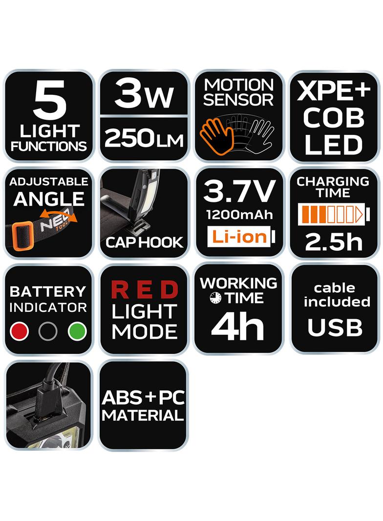 Latarka czołowa akumulatorowa USB 250 lm COB LED + czujnik ruchu