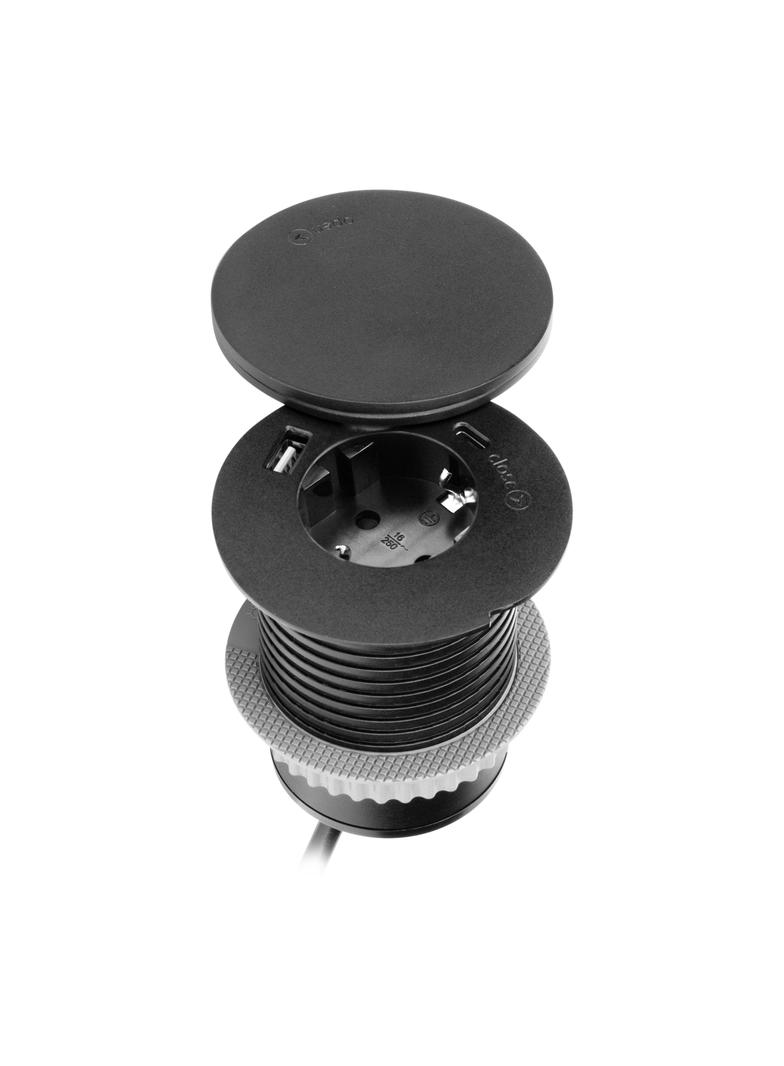 Gniazdo meblowe O6cm z rotacyjną pokrywą ładowarką indukcyjną ładowarką USB i przewodem 1,5m 1x2P OR