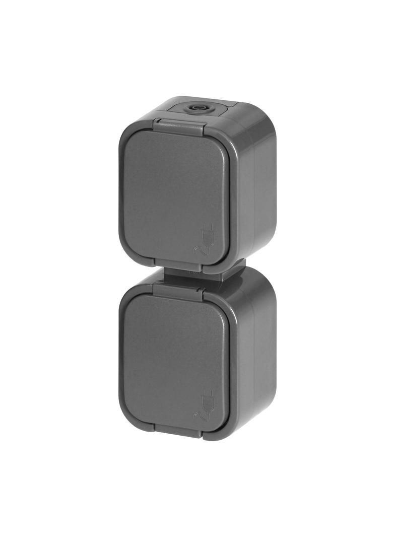 Gniazdo podwójne natynkowe 2x2P+Z, bryzgoszczelne z klapką, pionowe B2, IP54, NT-6B2/P, szary OR-OE-7806/V/G ORNO