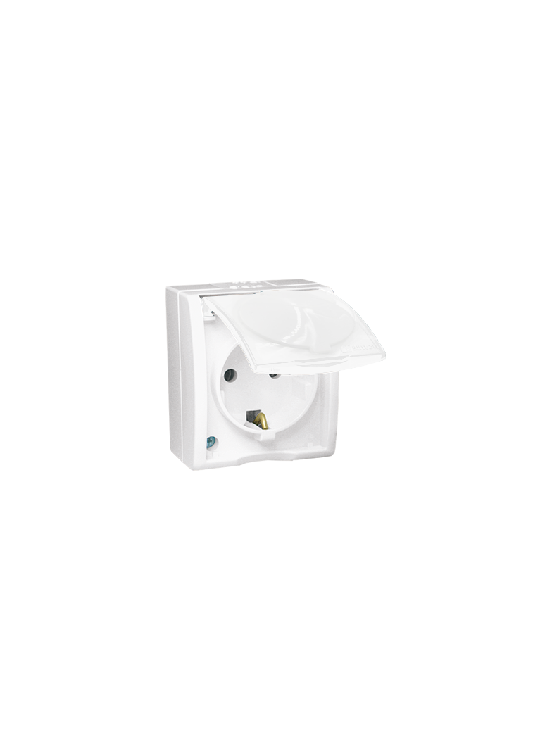 Simon Aquarius Gniazdo wtyczkowe z uziemieniem Schuko bryzgoszczelne IP54 klapka biała z przesłonami torów prądowych 16A 250V zaciski śrubowe biały AQGSZ1Z/11 KONTAKT